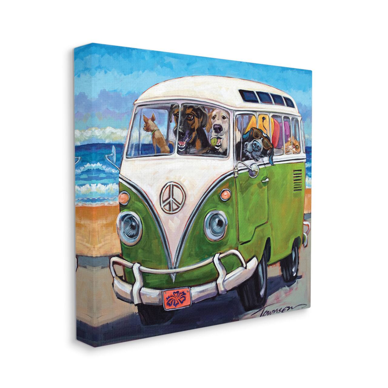 Stupell Industries Dogs Driving Retro Van Summer Beach Trip Canvas Wall Art
